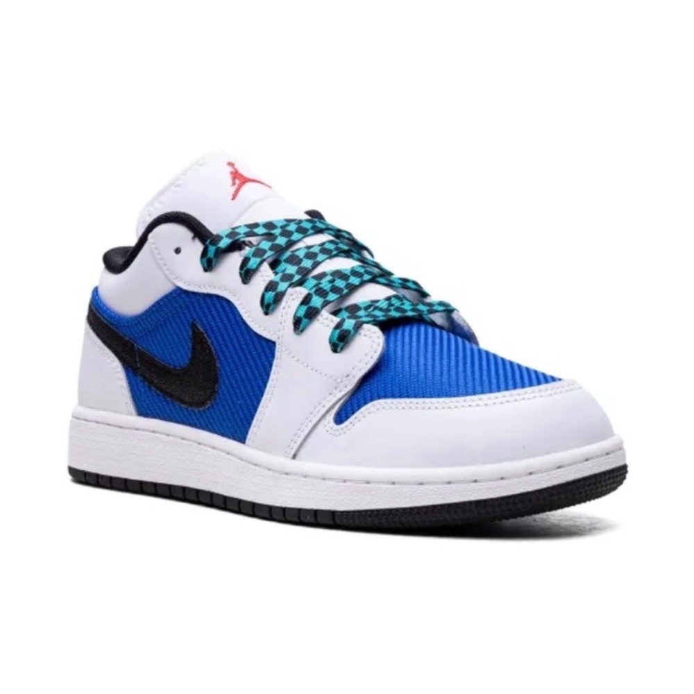 Kids Blue and White Low-Top Jordan 1 racing Sneakers